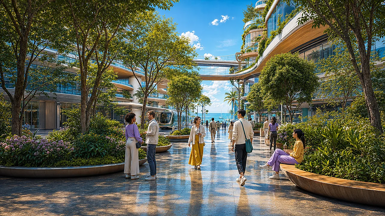 Cidade futurista com o cenário expandido para formato panorâmico